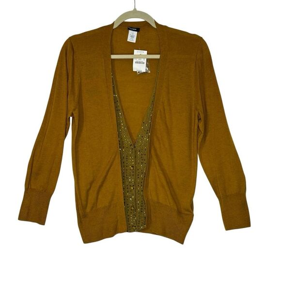 J Crew Wool Silk Blend Mustard Yellow  Beaded Cardigan | M - Picture 1 of 5